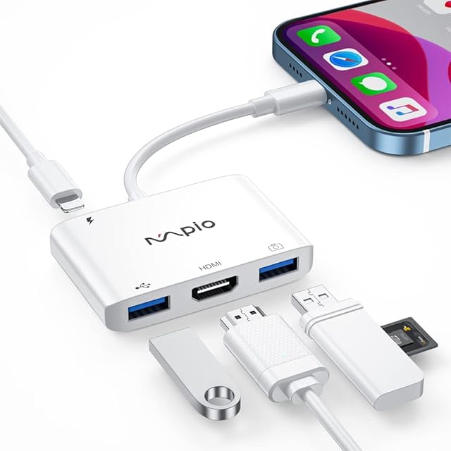 MpioLife Lighting USB HDMI Adapter, 4 in 1 Camera OTG HDMI Adapter for i-Phone, 1080P HD Digital AV Converter for TV, Monitor, Projector, Keyboard, Mouse, Flash Dish, i-Phone 14, i-Pad Mini/Air/Pro