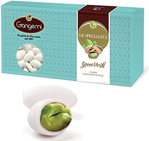Gangemi Confetti - "Gocce Verdi" Delicate Wedding Sugared Pistachios Classic Italian Favors with Whole Sicilian Pistachios - White - 500g
