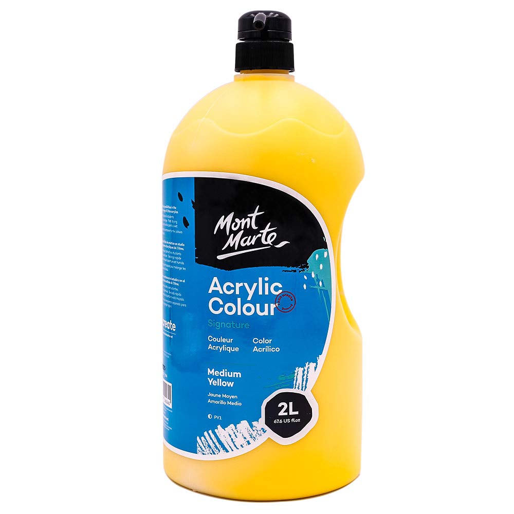 Mont Marte Discovery School Peinture acrylique - Jaune moyen - 2 litres. Idéale pour les étudiants et les artistes. Excellent couvrant et séchage rapide. Capuchon à pompe inclus.