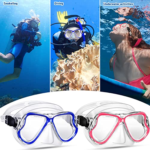 Preboun 2 Pack Swim Mask For Adult Swimming Snorkel Goggles With Nose Cover Anti Fog Clear View Tempered Glass For Diving Swimming (Clear Blue, Clear Rose Red) #TOP5
