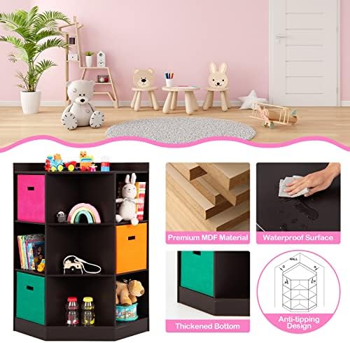 Costzon 9-Cubby Kids Bookcase with Large Storage Bins, Children's Corner Cabinet with 6 Cubes and 3 Shelves, Wooden Toy Organizers and Storage Book Shelves for Playroom Kids Room Nursery (Espresso) 5 51UEfvdIOQL. AC