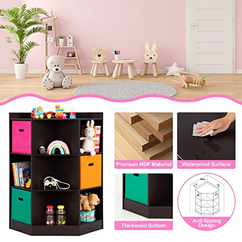 Costzon 9-Cubby Kids Bookcase With Large Storage Bins, Children's Corner Cabinet With 6 Cubes And 3 Shelves, Wooden Toy Organizers And Storage Book Shelves For Playroom Kids Room Nursery (Espresso) #TOP3