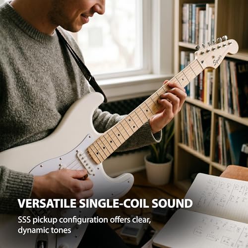 Image of Fender Squier Sonic Stratocaster HT - Arctic White Bundle with Mustang Micro Headphone Amp, Cable, Tuner, Strap, Picks, and Austin Bazaar Instructional DVD