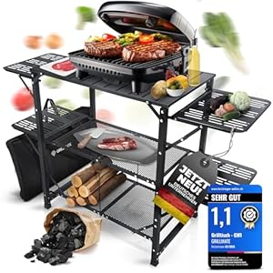 GRILLMATE Grilltisch Outdoor Wetterfest Klappbar | Grill Beistelltisch, Tisch für Grill, Balkon, Camping, Garten | Campingküche faltbar aus Aluminium Rostresistent [50kg Belastbar] inkl. Tragetasche