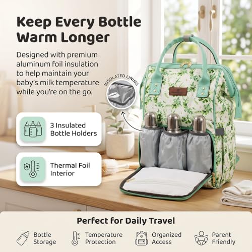 Image of StarAndDaisy Baby Bag for Mother Travel /Diaper Bag with Insulated Baby Bottle Pocket /Diaper Bag for Mothers for Travel with Multi Compartments, Waterproof Diaper Bags for Mom -Green