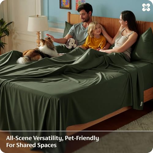 Image of Bedsure King Size Sheets Set, Cooling Sheets for Hot Sleepers, Rayon Derived from Bamboo, PureWoven, Breathable & Soft, Deep Pocket Up to 16 Inches, Hotel Luxury Silky Bedding, Olive Green