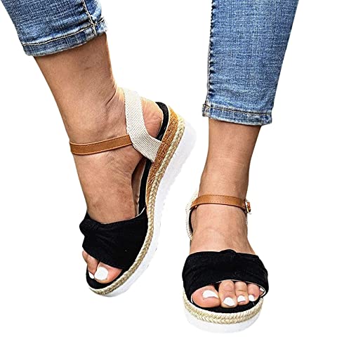 OMIREL Women's Platform Sandals Open Toe Ankle Strap Sandals Shoes Open Toe Buckle Wedge Sandals Espadrille Wedge Sandal Bow Top Outdoor Roman Slippers Casual Beach Walking Shoes,Black,US11/EU424