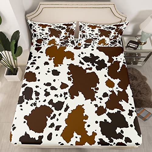 Cow Print Bedding Set Adult Women Brown Highland Cow Print Fitted Sheet for Boys Girls Western Room Decor Fitted Bed Sheets Wild Animal Farmhouse Milk Cow Print Bedding Collections, Queen Si