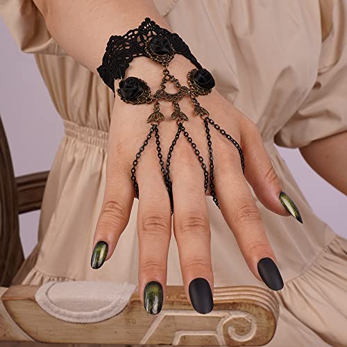 Kercisbeauty Black Rose Floral Lack Bracelet with Finger Ring Gothic Hand Chain Retro Gold Metal Pendant Wrist Chain for Women Halloween Party (Style 5)4