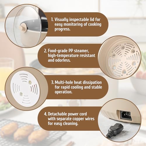 Elektrischer Hot Pot, 4.6L Hotpot Topf mit Dampfeinsatz, 1000W Nudelkocher mit Keramik-Antihaft-Beschichtung, 3 Temperaturstufen & Automatische Abschaltung für Fondue & Eintöpfe – Bild 6