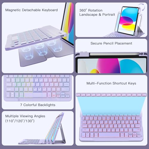 Image of RAYMCRAFT for iPad 11th(A16, 2025) /10th Generation Case with Keyboard, 360 Rotatable Case & Detachable Backlit Keyboard, Precision Cutouts and Pen Holder for iPad A16 11'' /10th 10.9'', Purple