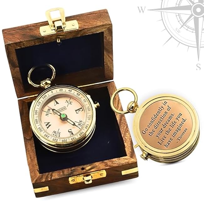 Compass in Wooden Box - Graduation Gifts for Him, Birthday Gifts for Men, Son, Husband - Inspirational, Motivational, Christmas, 2024 Unique Office Decor