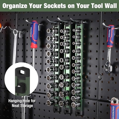 Image of WORKPRO Magnetic Socket Organizer, Heavy Duty 3 /8-Inch Drive Socket Rail | Aluminum Alloy, 10 Pieces Clips, Rotatable & Movable Clips, Efficient Organization