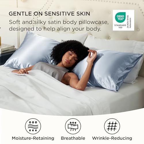 Image of Bedsure Body Pillow Cover 20x54 Inches - Stone Blue Satin Similar to Silk Pillowcase for Hair and Skin, Cooling and Silky Long Body Pillow Pillowcase with Envelope Closure, Gifts for Women Men