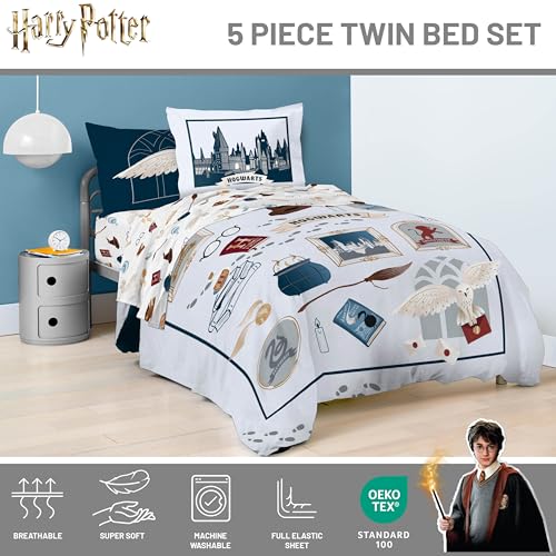 Image of Harry Potter Twin Comforter Set 5 Piece Soft Hogwarts Bedding, Grey | Hedwig, Bed in a Bag, Comforter Sheets Sham Pillowcase, Official Product, Soft Microfiber, Machine Washable, Kids Gift