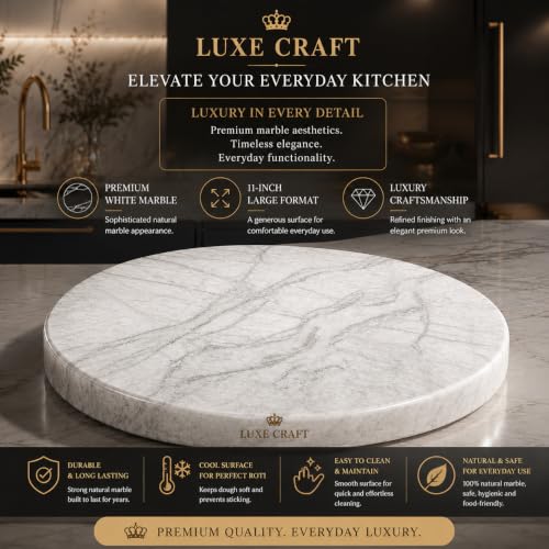 Image of White Marble Chakla 11 Inch | Roti Chapati & Papad Rolling Board | Smooth Finish Stone Chakla | Heavy Duty Non Slip Dough Rolling Board for Kitchen Use