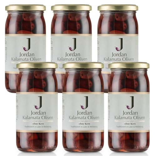 Jordan Olivenöl - Griechische Kalamata Oliven ohne Stein eingelegt in Salzlake - Glas 360 gr - Abtropfgewicht 200 gr - 6er Pack - Tafeloliven ohne Kern aus Griechenland