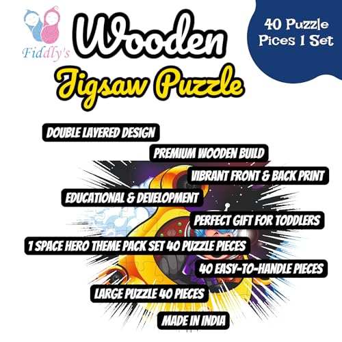 Image of Fiddlys 40 Pcs Paperless Wooden Jigsaw Puzzle for Kids & Children Age 4+ Learning Educational Double Layered Wooden Puzzles with Bright Front & Back Print (Space Hero)