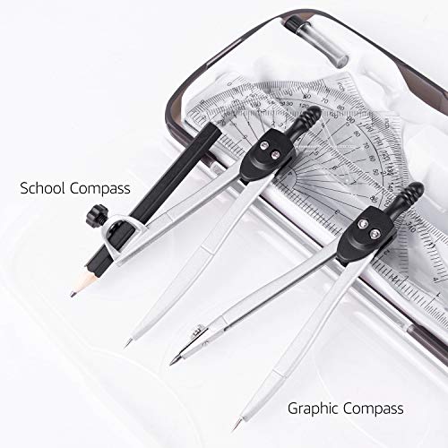 Miniatura 5 de Amazon Basics Kit para matemáticas de 10 piezas, con compases, lápiz de grafito, goma de borrar, sacapuntas, transportador, triángulo, regla y estuche