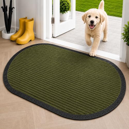 Image of Heavy Duty Front Door Mat 45 x 75 cm, Outdoor Indoor Welcome Mat, Non Slip Dirt Trapper Entrance Rug for Entryway, Patio & Porch,Washable Low Profile Foot Mat (Green Oval 2 x 3.5 feet)