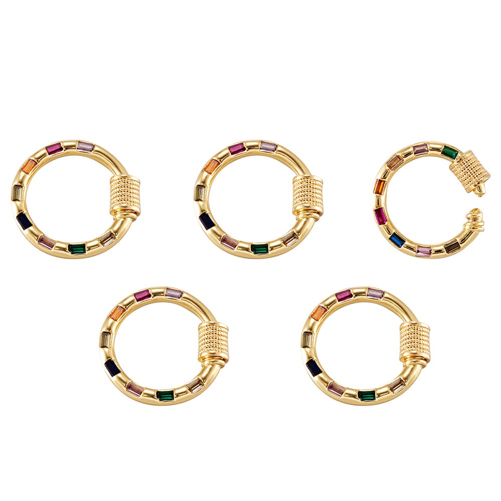 Craftdady 5Pcs Cubic Zirconia Screw Carabiner Lock Charms Real Gold Plated Ring Necklace Connector Clasp Clip Colorful Rhinstone for Jewellery Making