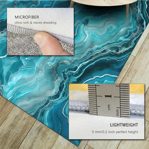 Tapis lavable en machine bleu et marbre abstrait avec envers caoutchouc - 6