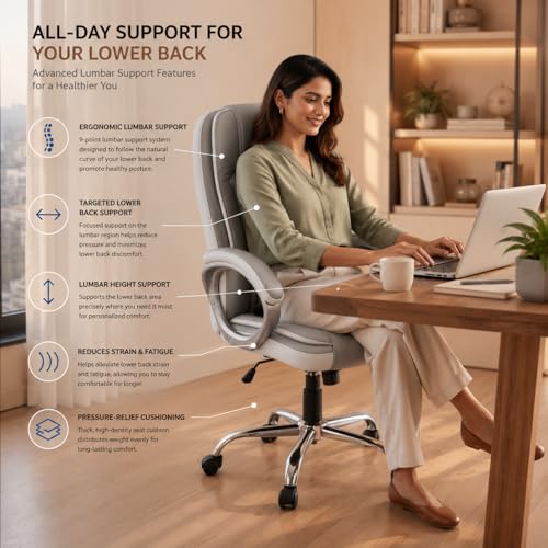 Image of GOYALSON Ergonomic Office Chair | Leatherette Seating Chair with Adjustable Height | 360 Revovling Chair | Comfortable Padded Seating /Suitable for Office /Study (White & Grey)