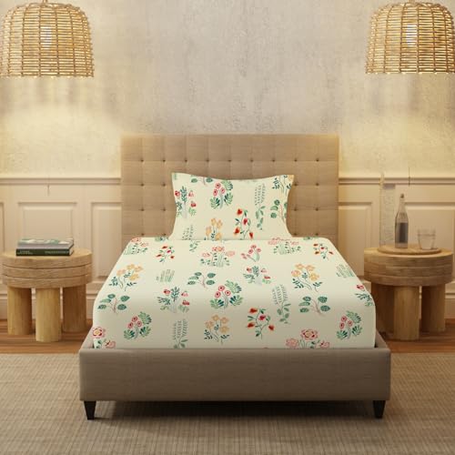 Image of Urban Space Serene 100% Cotton Bedsheet for Single Bed, 200 TC Floral Single Bedsheet with 1 Pillow Cover (58 X 90 Inches, Eden Cream)