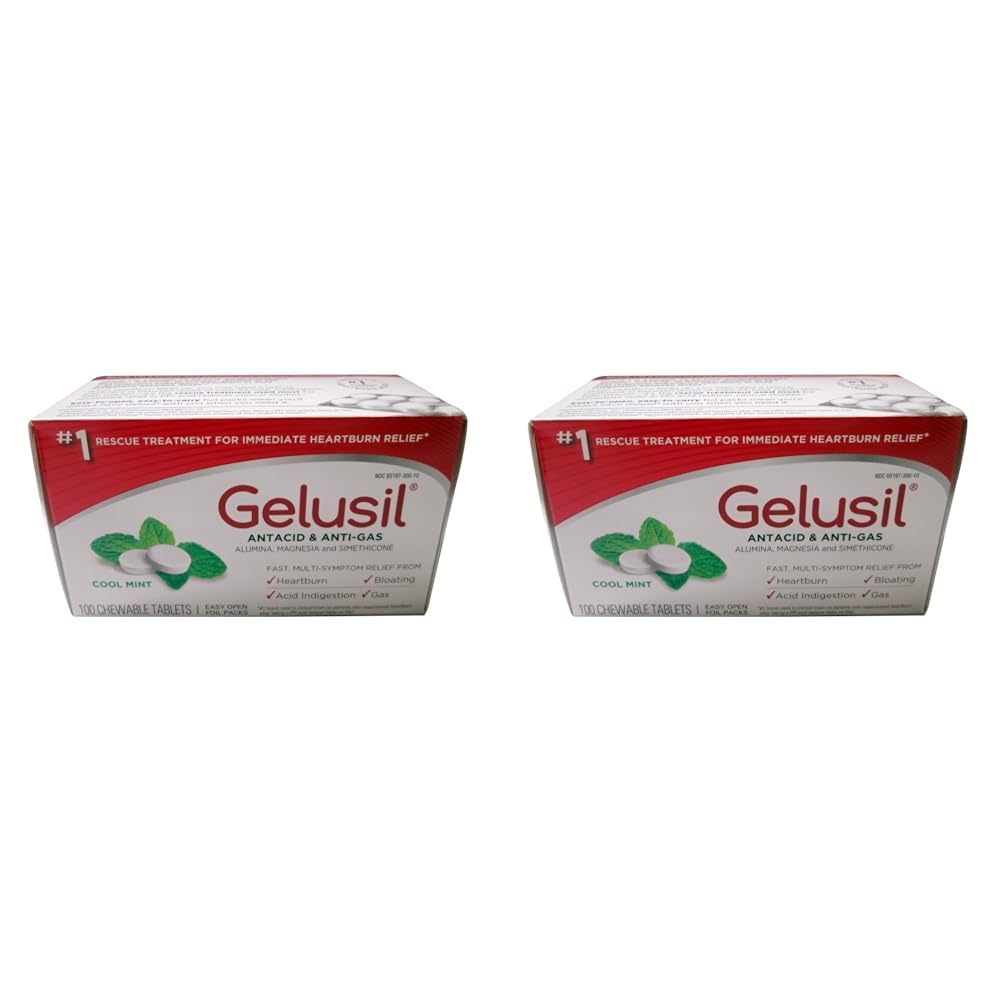 Gelusil Antacid & Anti Gas Tablets for Heartburn Relief, Acid Reflux, Bloating and Gas, Cool Mint - 100ct Blister Pack (Pack of 2)
