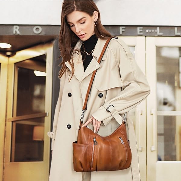 Image of HESHE Leather Crossbody Bags for Women Hobo Shoulder Bag Satchel Handbags | Genine Leather,2 Removable Straps,Multiple Zippers Pockets Hobo Bags Designer Travel Pocketbook Ladies Daily Work Tote Bag