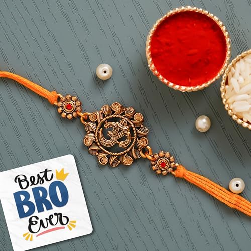 Image of eCraftIndia Orange Religious Om Rakhi for Brother with Best Bro Ever Fridge Magnet & Roli Chawal Pack | Raksha Bandhan Rakhi for Bhaiya Bhai | Traditional Spiritual Festive Thread