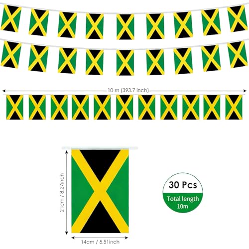 Image of AhfuLife 33 Ft Jamaica String Flags Banner for World Cup Decorations 2026, 30 Pcs Small Jamaican Buting String Flags, Double Sided for Independence Day Garden Street Sports Party Decor (5.5x8.3 Inch)