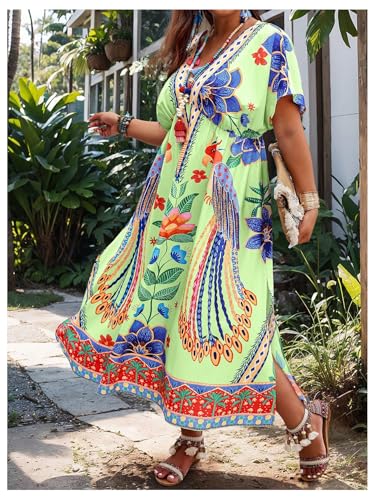 Image of Floerns Women's Plus Size Tribal Print Dolman Sleeve Slit Summer Maxi A Line Dress