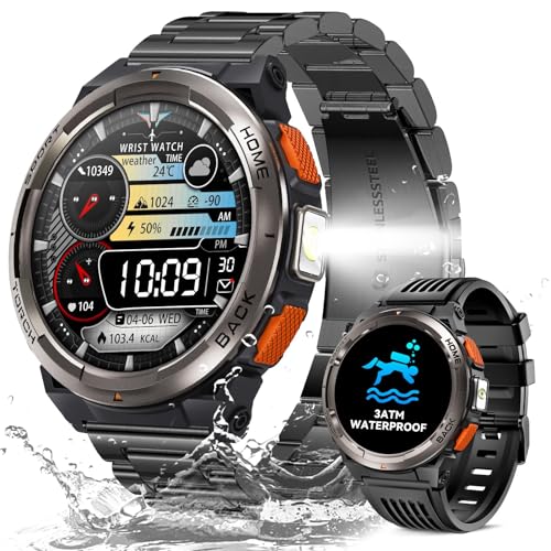 Reloj Inteligente Hombre con LED Linterna, 1,45'' 3ATM Impermeable Smartwatch Militar Hombre con Llamadas Bluetooth, Brújula, Altitud, Barómetro, Smartwatch Hombre con SpO2/Pulsómetro/para iOS Android