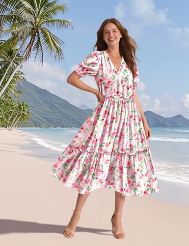 Image of YESNO Summer Floral Midi Dresses for Women V Neck Puff Short Sleeve Frill Trim Dress with Pockets EVX