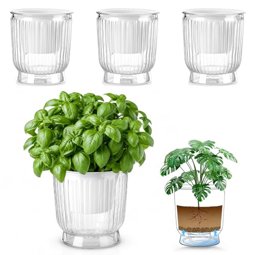 Yimomoyi Lot de 4 Pots Auto Arrosant 11 cm, Pot de Fleur Intérieur,Durable Plastic Indoor Plant Pots, Pot Fleur Interieur avec Mèche & Réservoir Transparent,Idéal pour Plante Carnivore