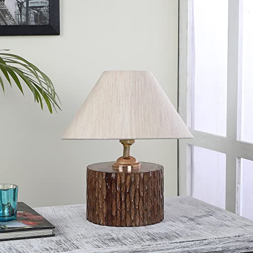 Image of tu casa Table Lamps with Mango Wood Base & Off-White Cotton Shades for Home Decor, Bedrooms, Living Room, Gifting, Diwali Decoration, Dining Space, Study Room, Hall (Height- 29cm) - Bulb not Included