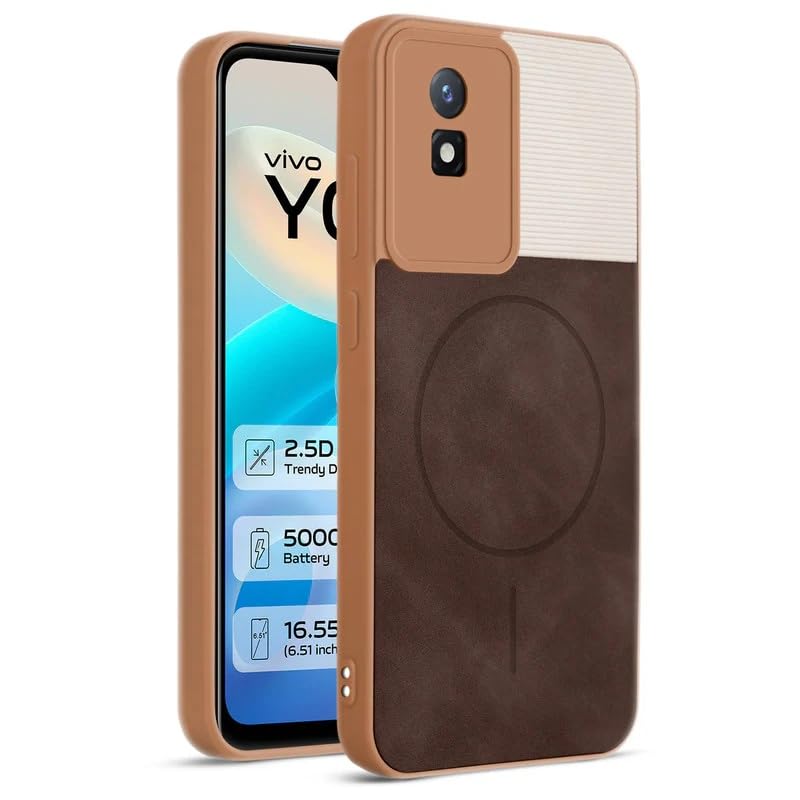 Image of Bintage case Dual-Leather Macc-Safe Design Phone Case| Soft Touch Finish | Full Camera Protectection Back Cover Compatible for Vivo V2236 /Vivo Y02t / Y02 - White & Choco Brown