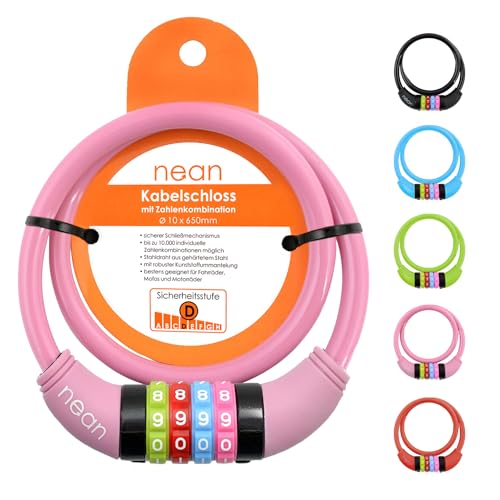 nean Candado de bicicleta infantil, con código de combinación de números, multicolor, 10 x 650 mm (rosado)
