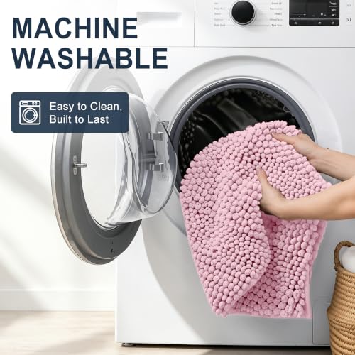 Image of Smiry Thick Small Chenille Bathroom Rugs 24x16, Extra Soft Absorbent Striped Bath Mat, Machine Washable, Rubber Backing, Bath Rugs for Bathroom, Tub & Shower, Home Decor Accessories, Dusty Rose