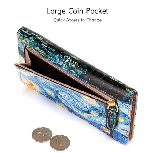 Image of Ultra Slim Thin Leather Women Wallet Rfid Blocking Credit Card Holder Bifold Clutch (Van Gogh The Starry Night)