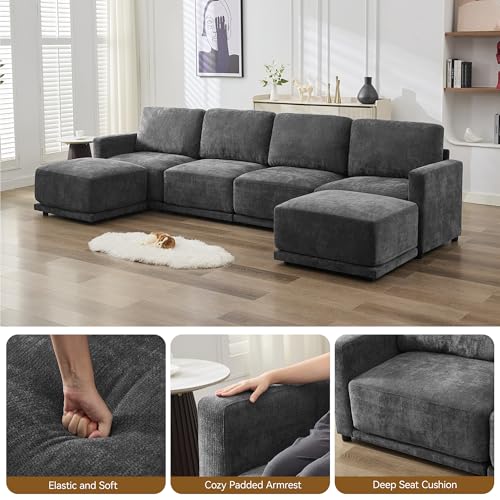 Image of 110.6 inch L Shaped Sectional Sofa, Modular Cloud Deep Seat Couch with Movable Ottoman, Oversized Thicked 4-Seats Sofas for Living Room, Chenille Grey