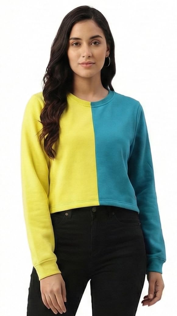 Women's Sweatshirt, Color Block Yellow and Teal, Long Sleeve Cropped-picture-24