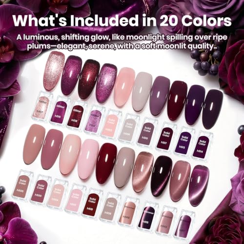 Image of Beetles Purple Gel Nail Polish Set, 23 pcs 20 Colors Soak Off UV LED | Purple Mauve Burgundy Red Pink Nude Cat Eye Shades With Base Coat, Glossy Top Coat Matte Finish