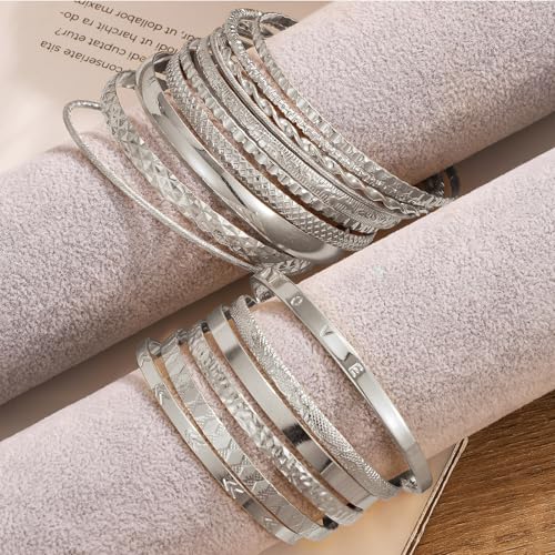 IFKM 5 PACK (35 PCS) Silver Chain Bangles Bracelets Set for Women, Silver Multiple Layered Stackable Open Cuff Bangle Anklet Bracelet Trendy Elegance Link Beads Italian Boho Cuban Jewelry for Women Gift4