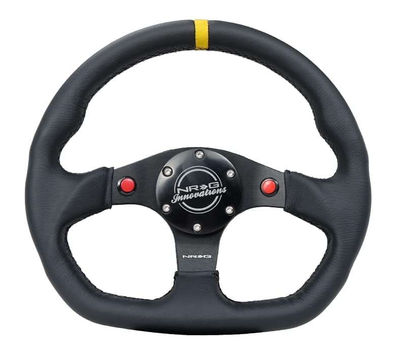 NRG Innovations NRG-RST-024D-MB-R-Y Reinforced Steering Wheel 320mm Sport Leather Dual Push Buttons Flat Bottom with Yellow Center Mark