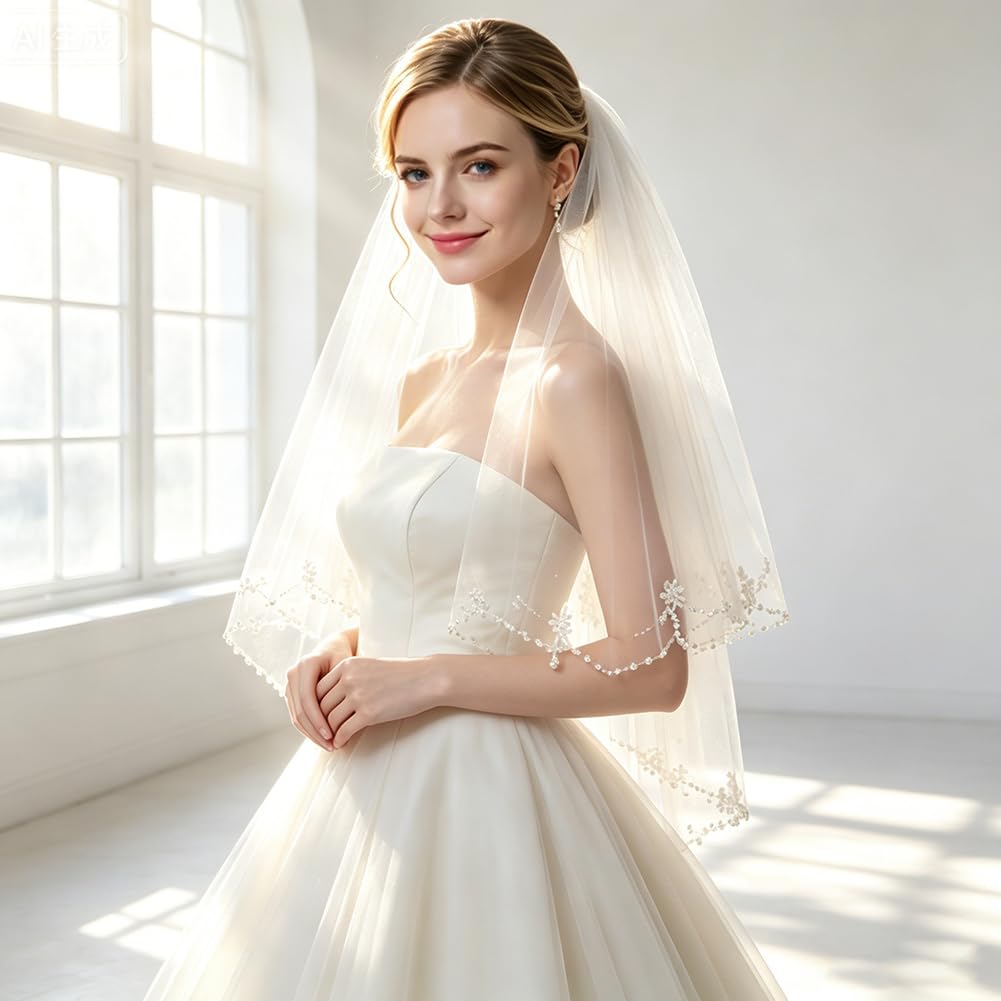 BENECREAT Velo Da Sposa A Un Solo Strato con Pettine, Velo Da Sposa con Perline, Doppio Strato, Classico, Bianco, In Tessuto Confortevole per La Cerimonia Nuziale, 600~800mm