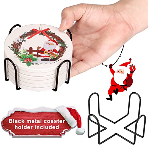 6-Pcs-Ceramic-Christmas-Coasters-with-Holder-Best-Absorbent-Coasters-Gift-Round-Santa-Coasters-Drink-Coasters-Xmas-Holiday-Cool-Cup-Coaster-Vintage-Table-Coasters-Set-Coffee-Cup-Coasters 6 Pcs Ceramic Christmas Coasters with Holder Best Absorbent Coasters Gift Round Santa Coasters Drink Coasters Xmas Holiday Cool Cup Coaster Vintage Table Coasters Set Coffee Cup Coasters
