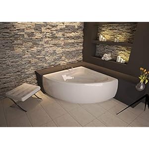 ECOLAM® symmetrische badkuip hoekbad Mia 140 x 140 cm modern design acryl wit afvoergarnituur af- en overloop automatische voeten siliconen complete set