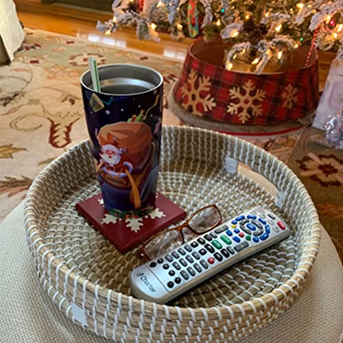 Natural Seagrass Woven Basket Round Serving Tray With Handles Coffee Table Tray Hand Woven Storage Basket For Fruit, Tea, Bread, Breakfast, Drinks, Snack Woven Tray (White Round Tray) #TOP4